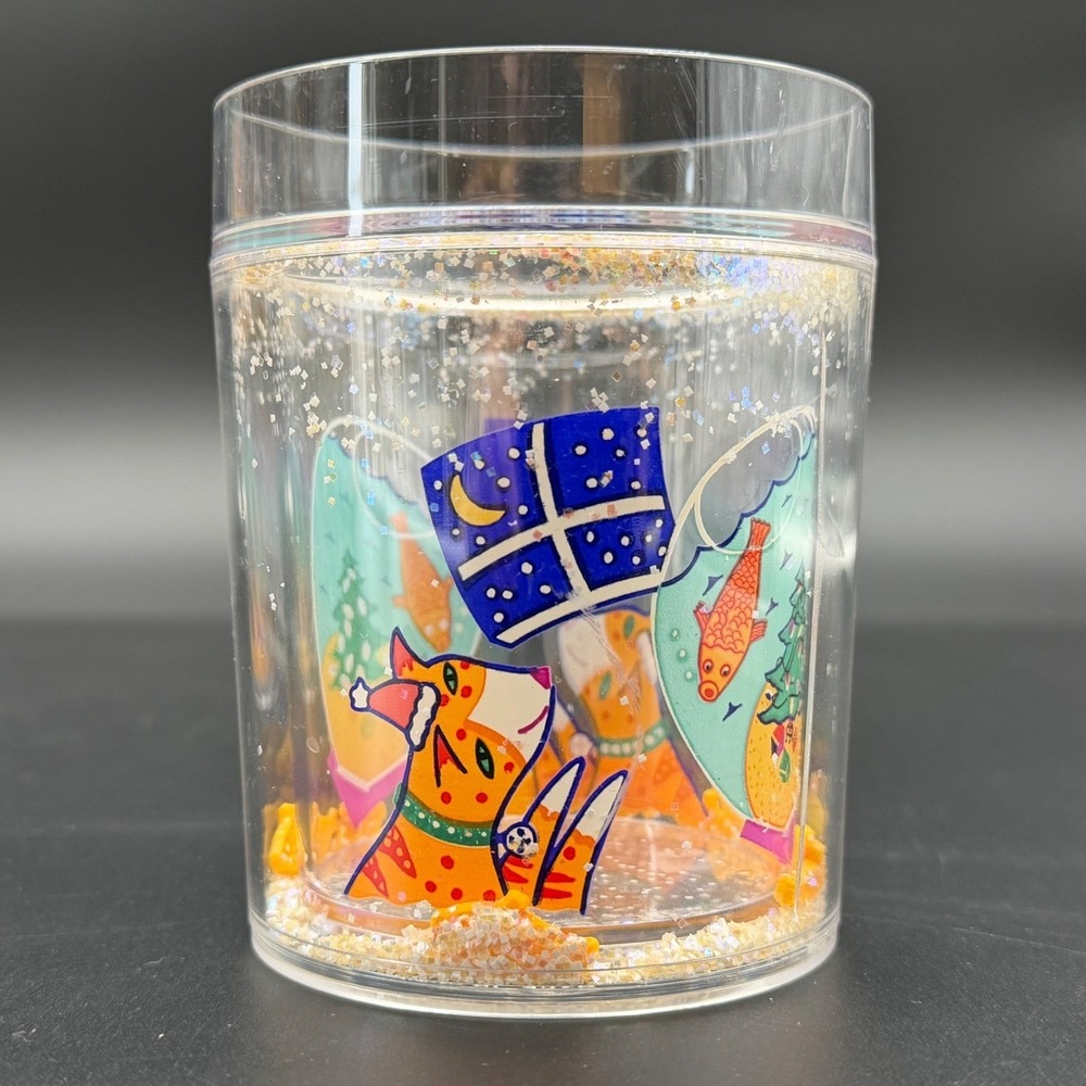 Set of 4 Vintage Thermo Serv Holiday Cat Acrylic Tumblers Glitter and Fish